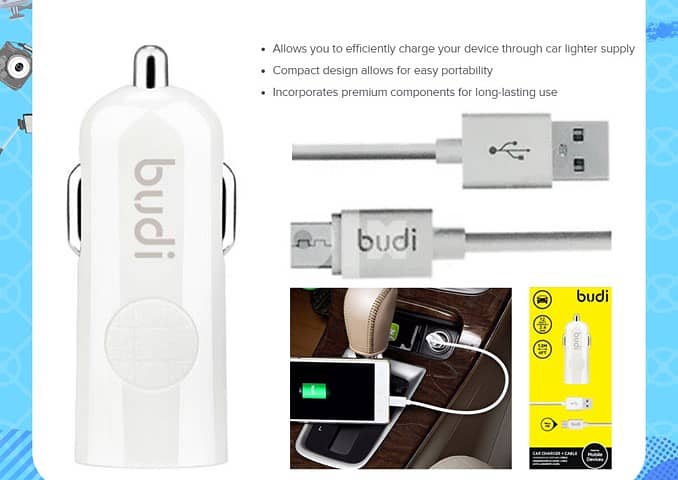 Budi 062M Car Charger 1 USB & Micro Cable (Brand-New) 0