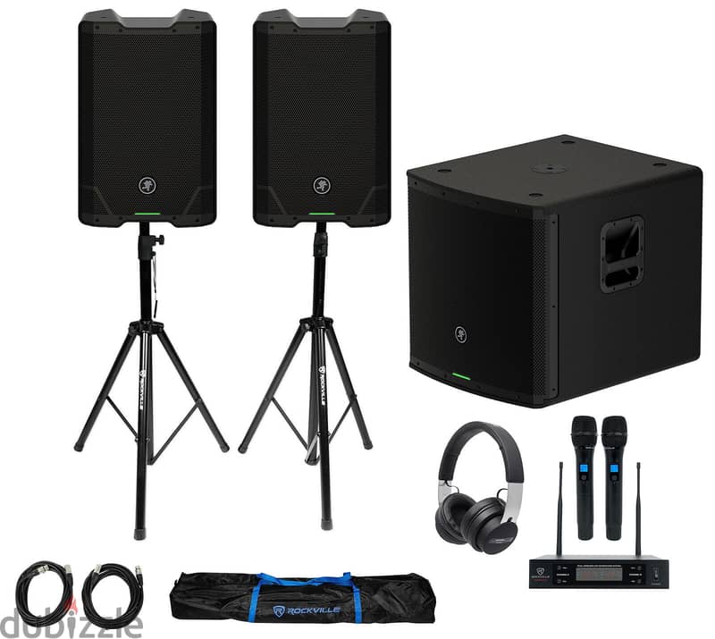 (2) Mackie SRT210 10” 1600 Watt Powered DJ PA Speakers+Stands+Sub+Head 0