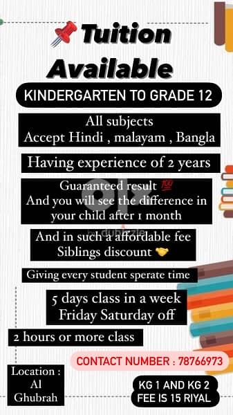 Tuition available kindergarten to grade 12 affordable fee 0