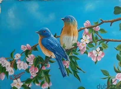 Oil painting, blue birds