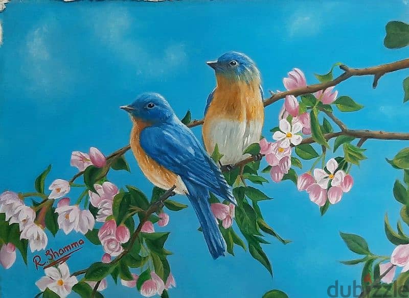Oil painting, blue birds 0
