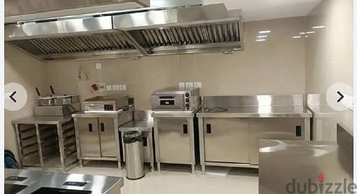 steel kitchen hood and work table and sink