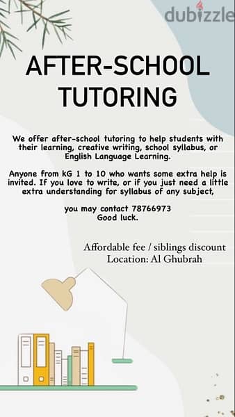 Tuition available pre schooling to grade 10 affordable fee