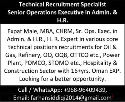 TECHNICAL RECRUITMENT SPECIALIST / SENIOR OPS. EXEC. IN ADMIN. H. R.