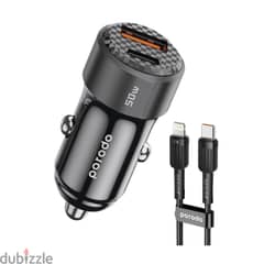 Porodo 50W Dual Port Car Charger With Cable Type C to Lightning (NEW)