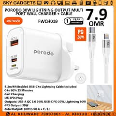 Porodo 30W Lightning Output Multi Port Wall Charger +Cable (Brand-New)