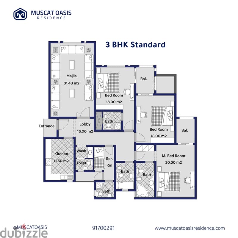 3BHK Standard Muscat Oasis Residence شقة من ثلاث غرف مجمع واحة مسقط 2