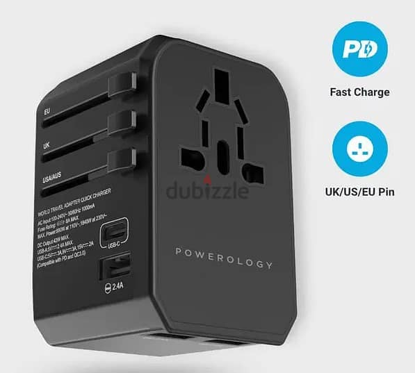 Powerology Universal Travel Adapter 2.4A + PD 45 - Black (Brand-New) 1