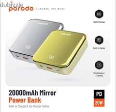 Porodo 20000Mah Mirror Power Bank Built -In Charge & Re-Charge Cable