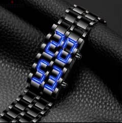 Fashion Black Full Metal Digital Lava Wrist Watch Men Blue LED