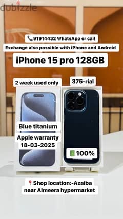 iPhone 15 pro 128GB - blue titanium - 16-03-2025 apple warranty