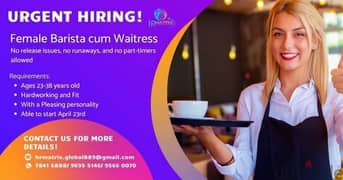 Urgent hiring Female Barista Cum Waitress