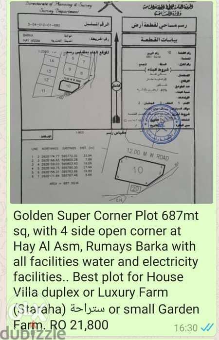 Super 4 side corner plot for sale Barka Hay Al Asm. For Chalet or Farm 1