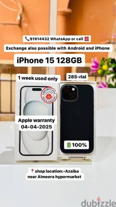 iPhone 15 128GB - 1 week used phone - 04-04-2025 apple warranty -
