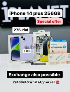 iPhone 14 plus 256GB battery 95% with box and free accessories 0