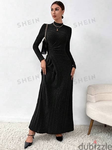 New Black Stand Up Collar Long Sleeves Dress / L 2