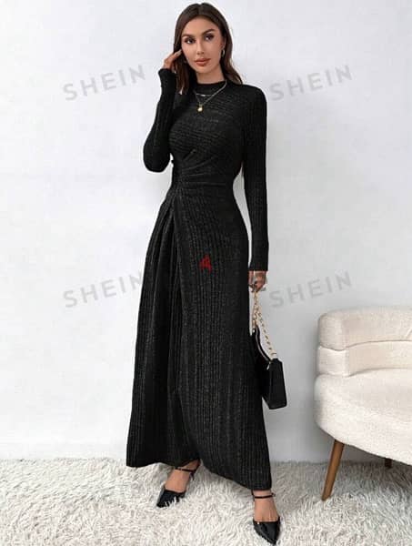 New Black Stand Up Collar Long Sleeves Dress / L 3