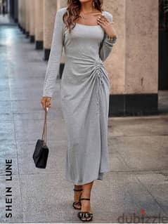 New women’s square neckline pleated grey dress / S