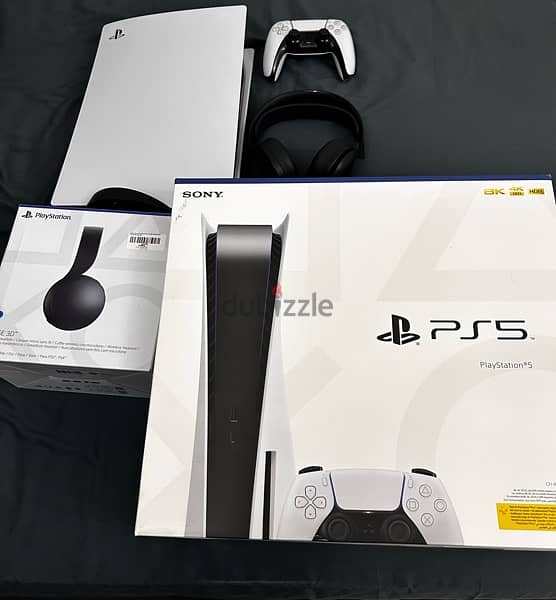 ps5 with controller and headset and gaming screen and speakers 1