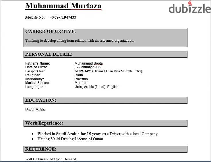 I am light driver available 15 yeras experience in GCC (Oman & Saudi) 1