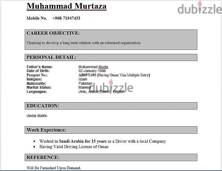Looking for Job opportunity I'M a Driver with Employement Visa 0