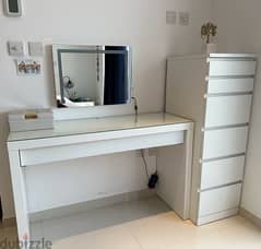 Dresser and mirror with lights and chair