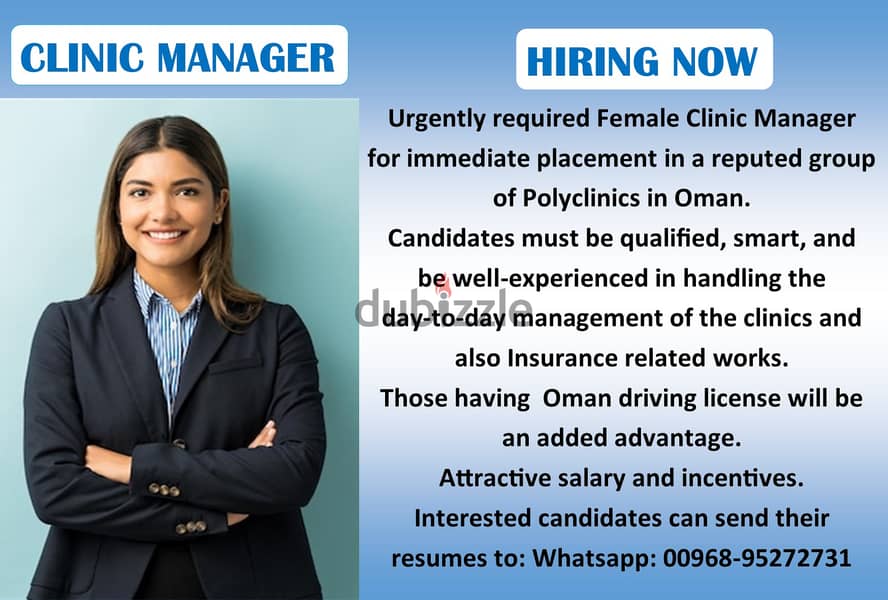 URGENTLY REQUIRED CLINIC MANAGER-FEMALE 1