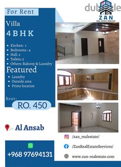 For rent villa at Al Ansab
