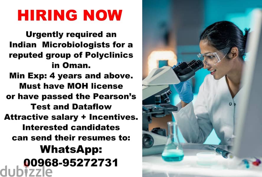 URGENTLY REQUIRED A MICROBIOLOGIST WITH MOH LICENSE 1