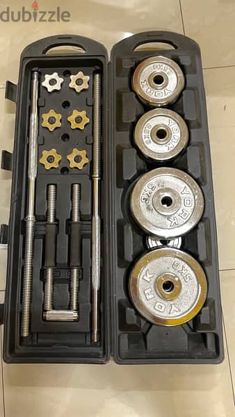 YORK 50kg Chrome Barbell and Dumbell Set with Bench 1
