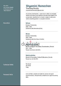 Mcom Graduate seeking for a teaching position in a reputed firm. 0