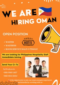 for Philippines Hospitality Staff  immediate Joining