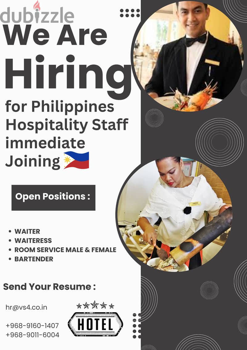 for Philippines Hospitality Staff  immediate Joining 2