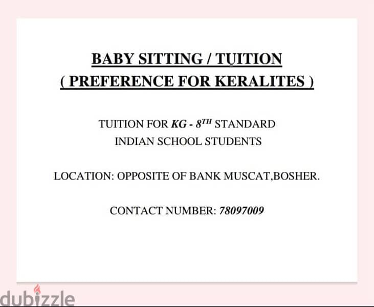 Babysitting / Day care /Tuition Available in Bosher(Kerala Family ) 0