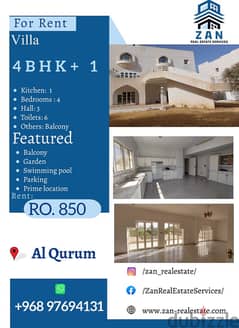 For Rent 4 BHK + 1 maid room Villa at Rabiat Al Qurum