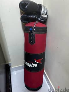 punching bag and 2 boxing gloves