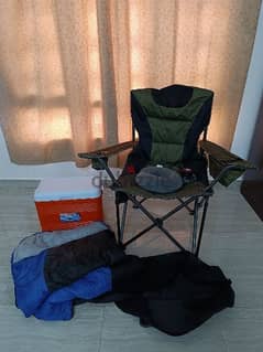 Camping equipment, chair, cooler, sleeping bag, torch معدات التخييم