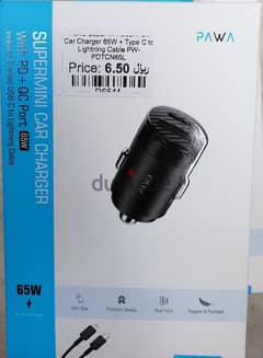 Pawa Supermini Dual Port Car Charger 65W + Type C to Lightning Cable