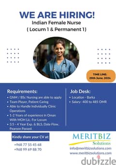 We Are Looking For Indian Female Nurse For Locum / One For Permanent