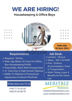 WE ARE HIRING HOUSEKEEPING / CLEANERS - 100 Nos.