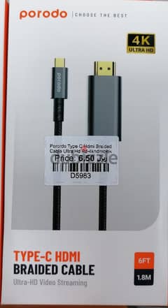 Porodo Type C Hdmi Braided Cable Ultra Hd Pd-4khdmc - Brand New