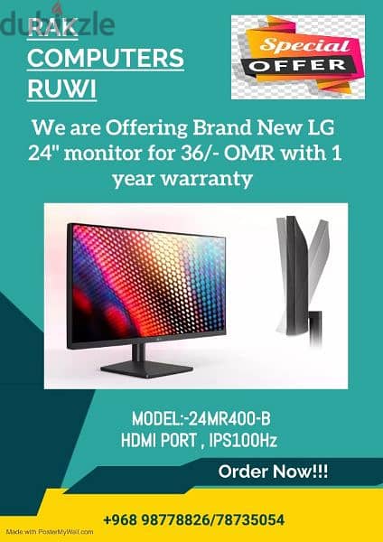 LG monitor 24inch with 1 year warranty @ 36 OMR 0