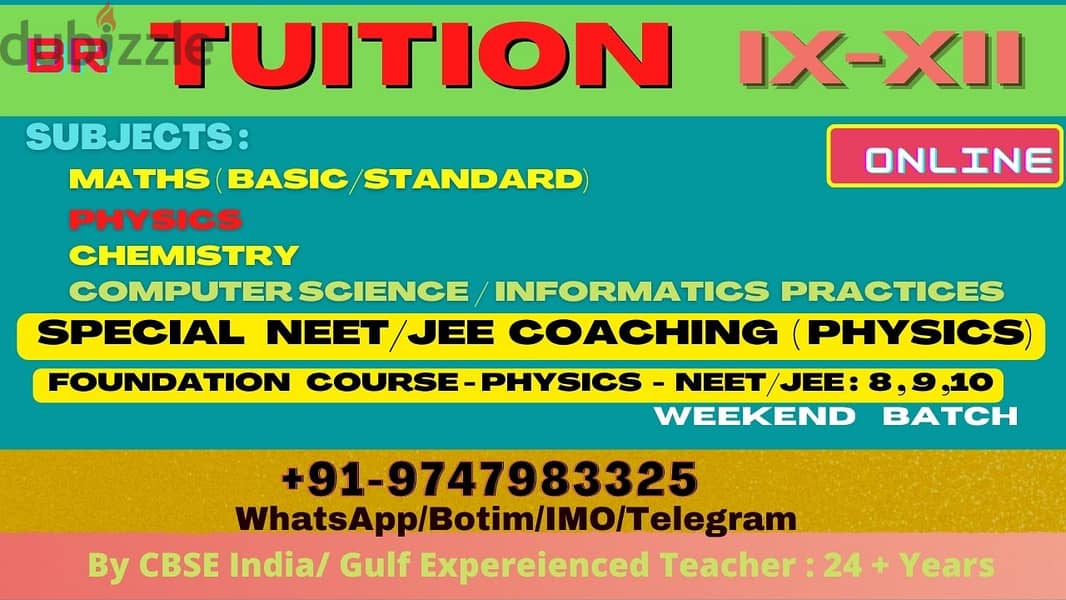 TUITION Math/Phy/CS/IP/AI : ( 9- 12) Online WhatsApp : +91 9747983325 0