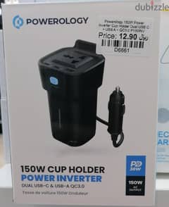 Powerology 150W Power Inverter Cup Holder Dual USB C + USB A + QC3.0 0