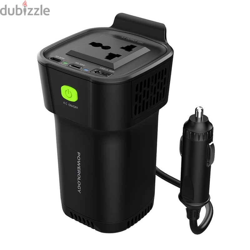 Powerology 150W Power Inverter Cup Holder Dual USB C + USB A + QC3.0 1