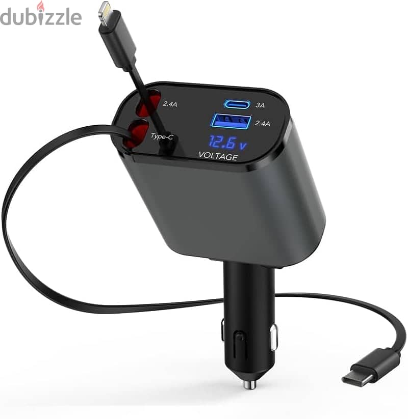 120W Car Charger with Retractable Charging Cables Android + iPhone + 0