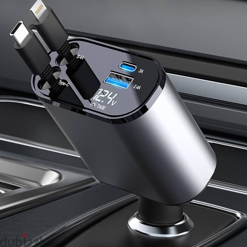 120W Car Charger with Retractable Charging Cables Android + iPhone + 3