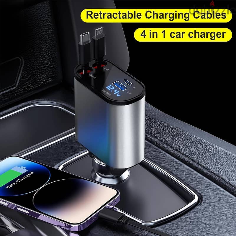 120W Car Charger with Retractable Charging Cables Android + iPhone + 5