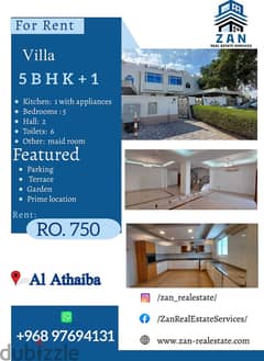 For Rent villa 5 BHK + 1 at Al Athaiba