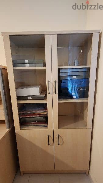 Matching desk, bookcase, glass cabinet. 1